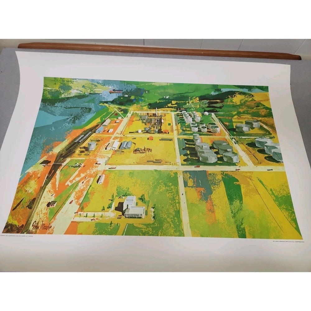 John Moodie Lithograph Painting Oil Corporation Refinery At Ulsan